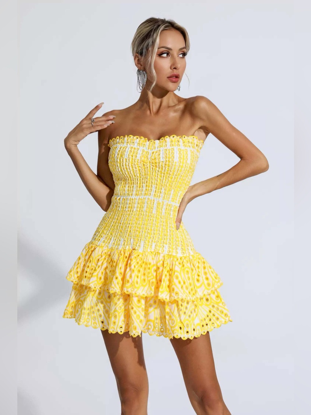 Yellow Strapless Ruffle Mini Dress